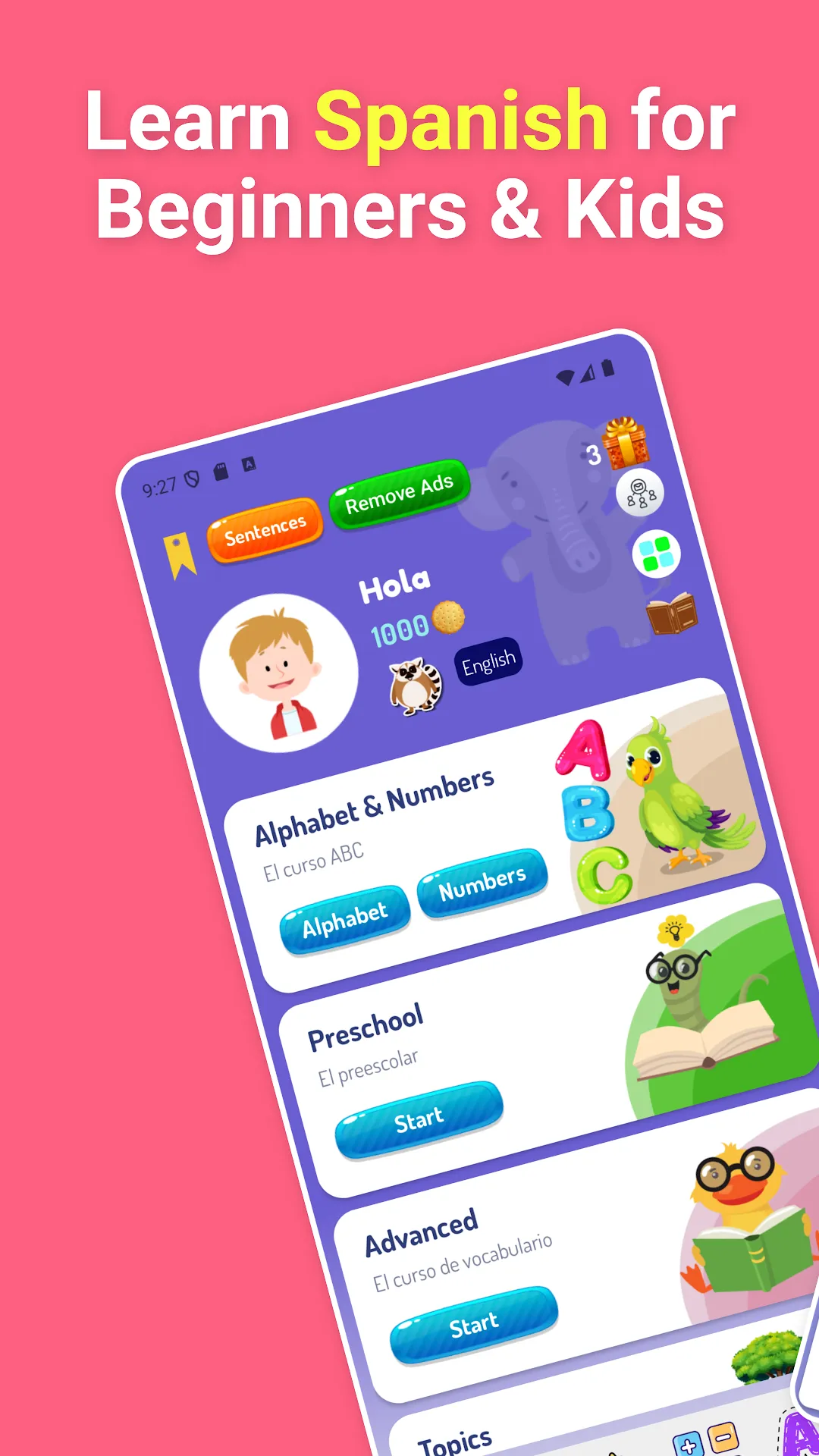 Spanish for Kids and Beginners main screen
